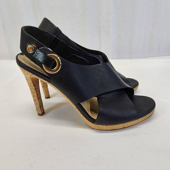 Via Spiga Onitta Cork Open Toe Leather Sandal Heels Slingback Black Size 8.5 I - Picture 6 of 10